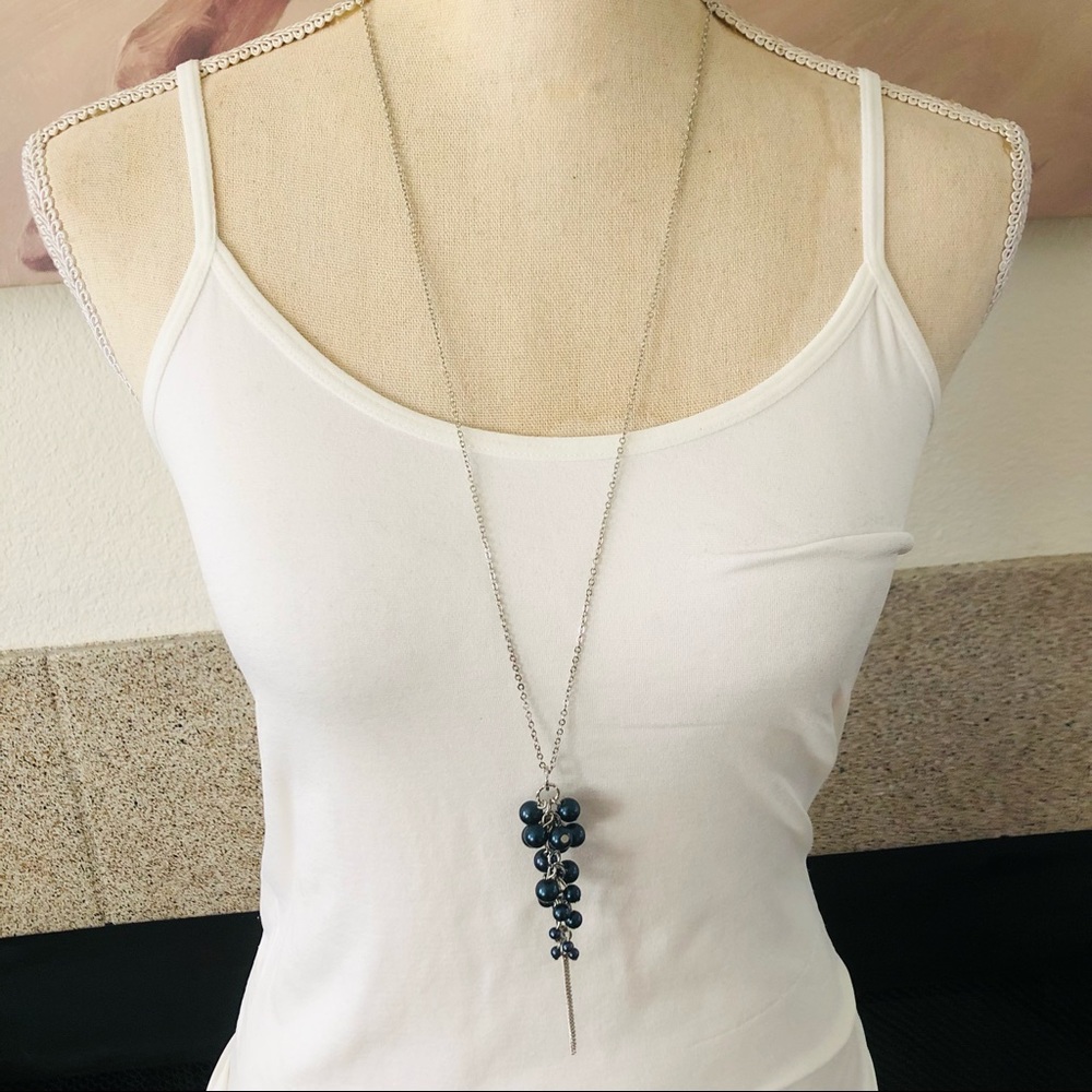 Navy pearl cluster long length chain necklace